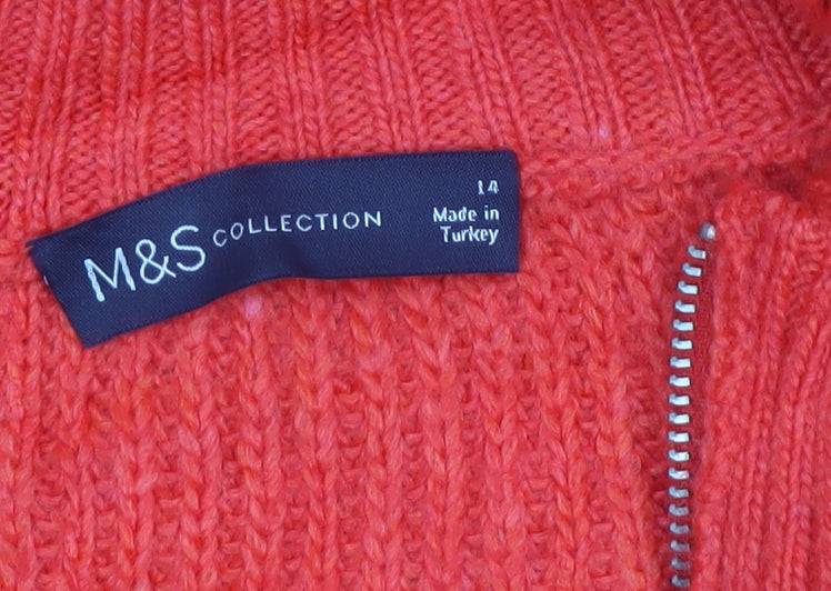 Marks and Spencer Women Orange Size 14 Chunky Knit 1/2 Zip Jumper