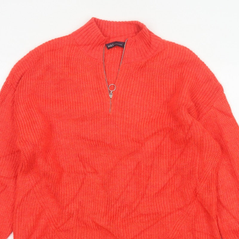 Marks and Spencer Women Orange Size 14 Chunky Knit 1/2 Zip Jumper