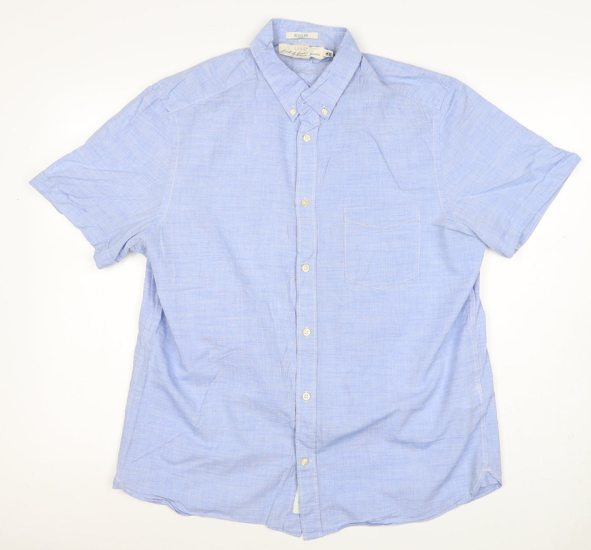 H&M L.O.G.G. Men Blue M Regular Chambray Short Sleeve Button-Up Shirt