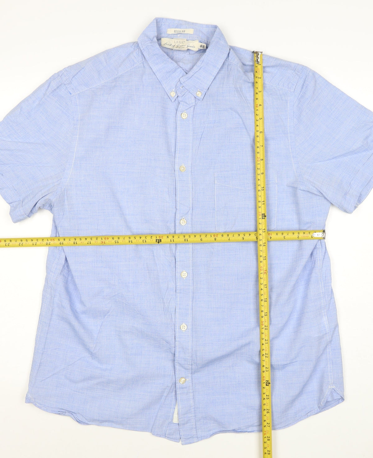 H&M L.O.G.G. Men Blue M Regular Chambray Short Sleeve Button-Up Shirt