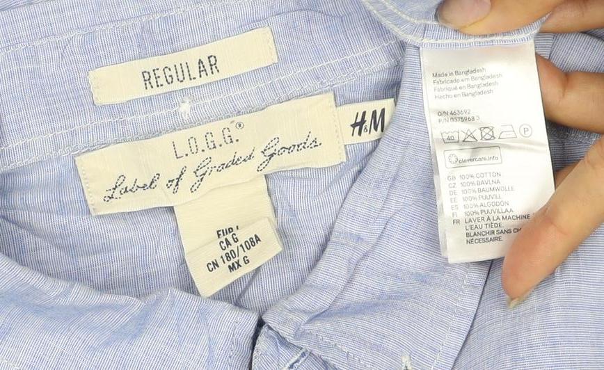 H&M L.O.G.G. Men Blue M Regular Chambray Short Sleeve Button-Up Shirt