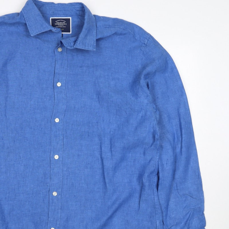 Charles Tyrwhitt Men Blue L Classic Fit Linen Button-Up Shirt