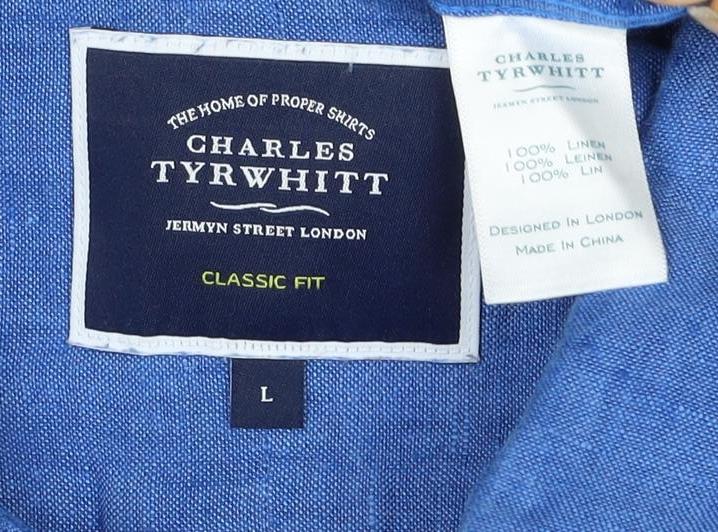 Charles Tyrwhitt Men Blue L Classic Fit Linen Button-Up Shirt