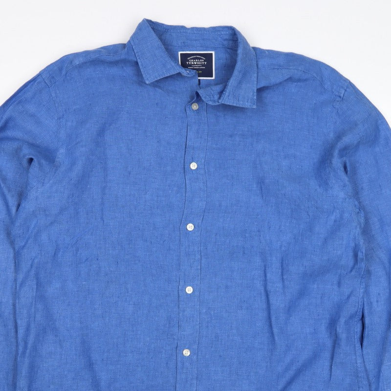 Charles Tyrwhitt Men Blue L Classic Fit Linen Button-Up Shirt
