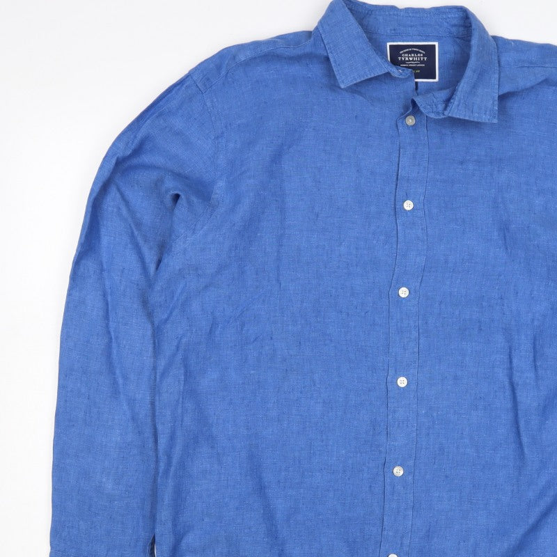 Charles Tyrwhitt Men Blue L Classic Fit Linen Button-Up Shirt