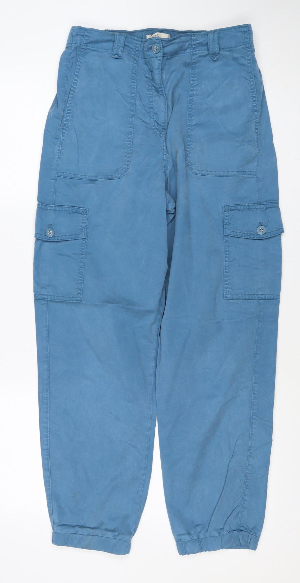 M&S Women’s Blue UK 12 Lyocell Cargo Trousers Cuffed Pockets