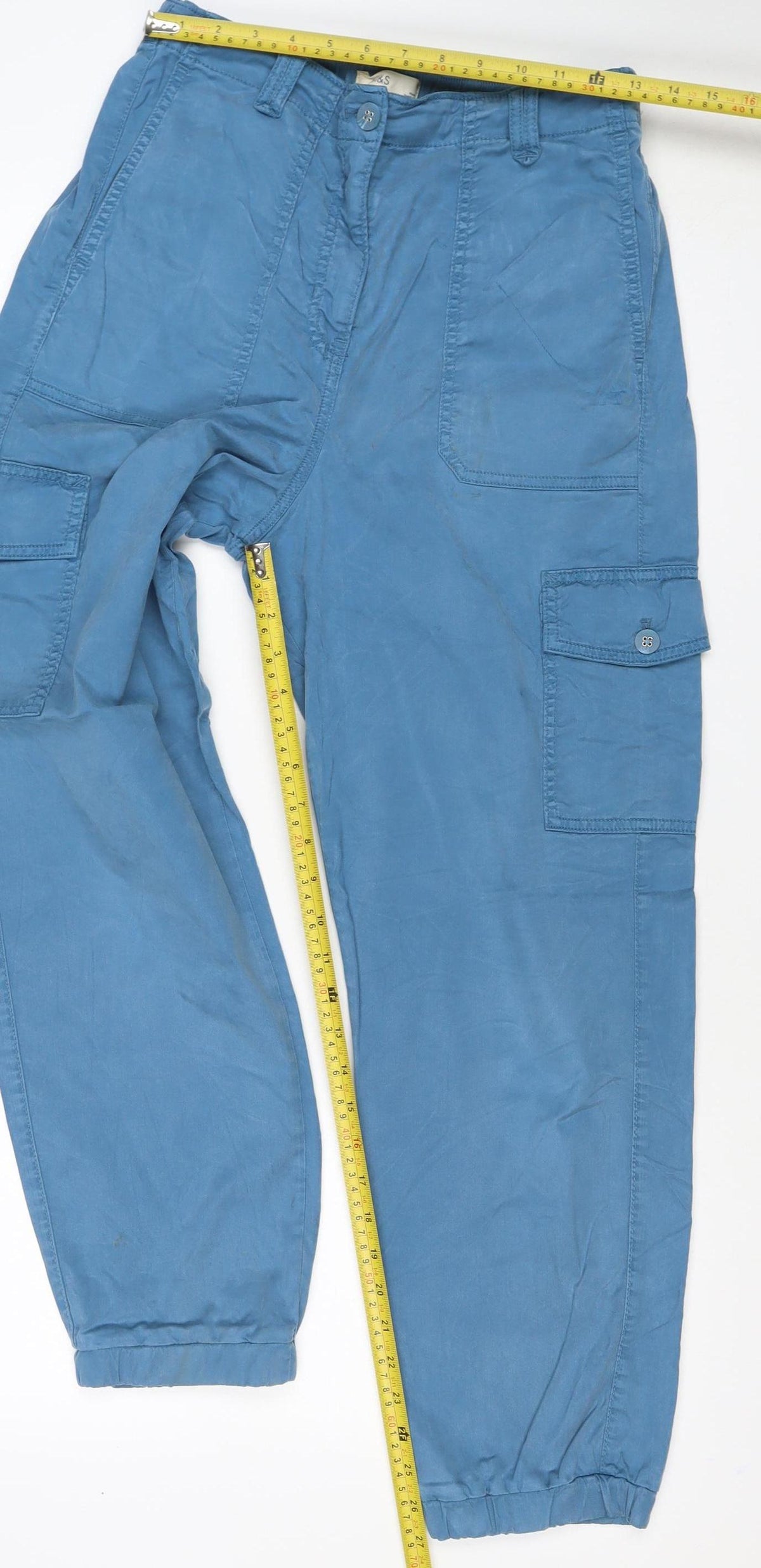 M&S Women’s Blue UK 12 Lyocell Cargo Trousers Cuffed Pockets