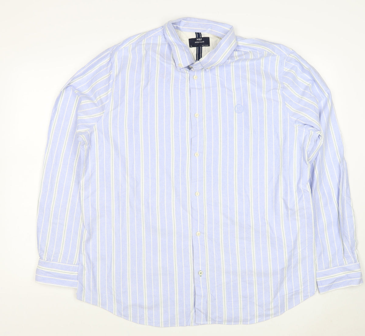 Marks and Spencer Men Blue XL Striped Cotton Button-Down Long Sleeve Shirt