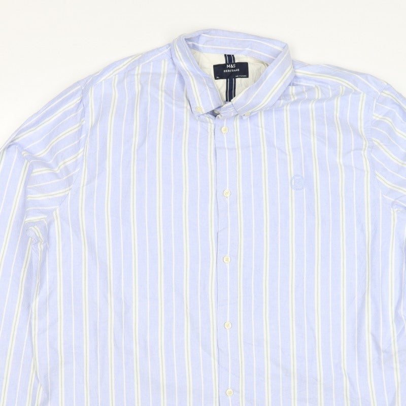 Marks and Spencer Men Blue XL Striped Cotton Button-Down Long Sleeve Shirt