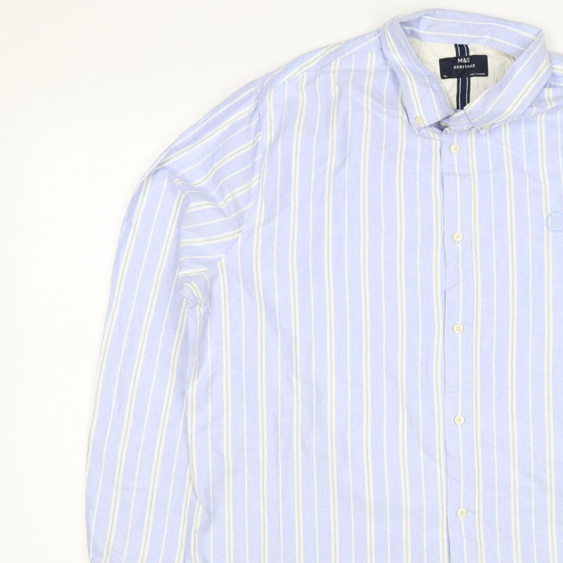 Marks and Spencer Men Blue XL Striped Cotton Button-Down Long Sleeve Shirt