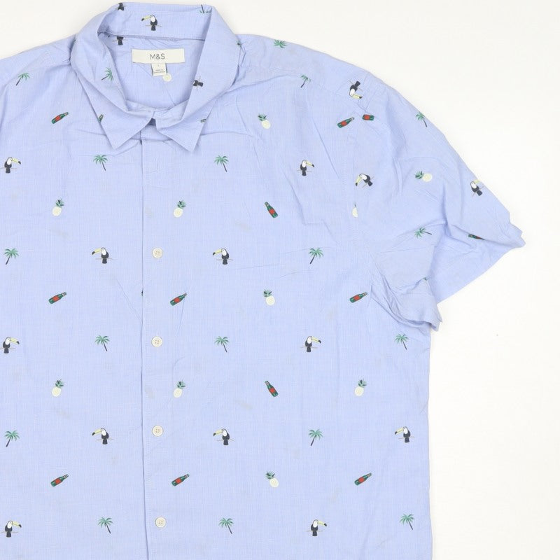 M&S Men’s Blue L Tropical Toucan Pineapple Short Sleeve Shirt