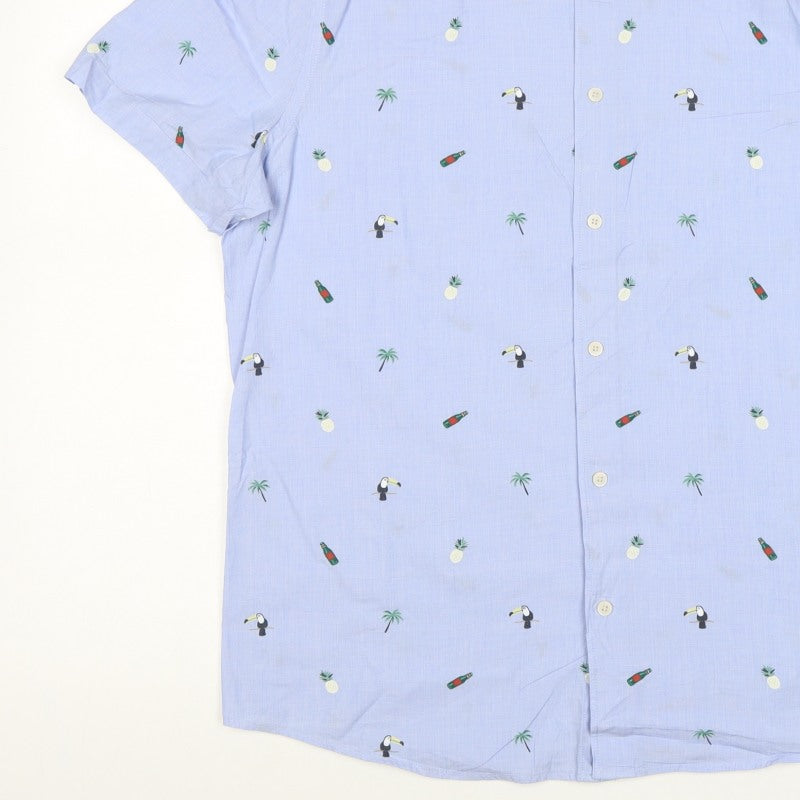M&S Men’s Blue L Tropical Toucan Pineapple Short Sleeve Shirt