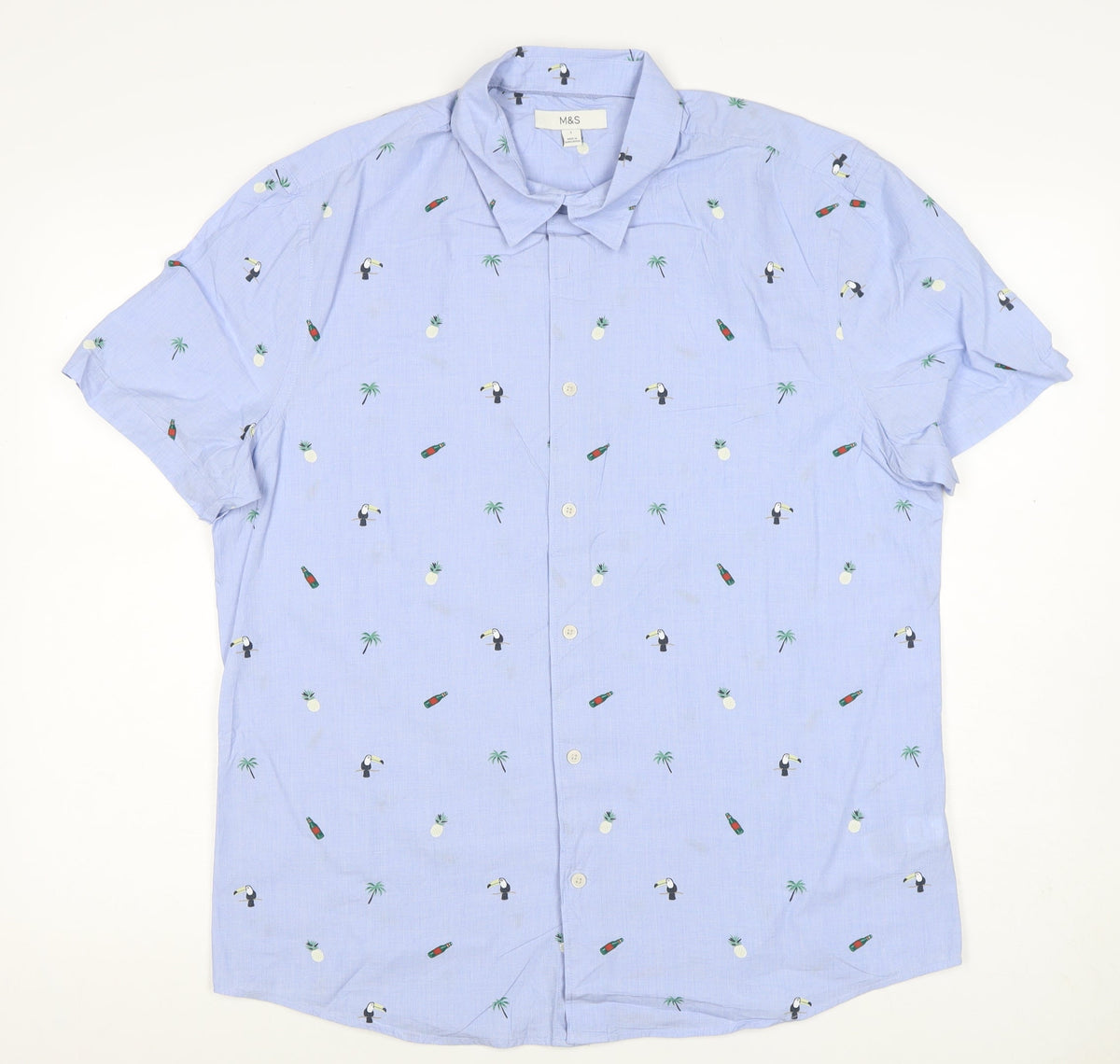 M&S Men’s Blue L Tropical Toucan Pineapple Short Sleeve Shirt