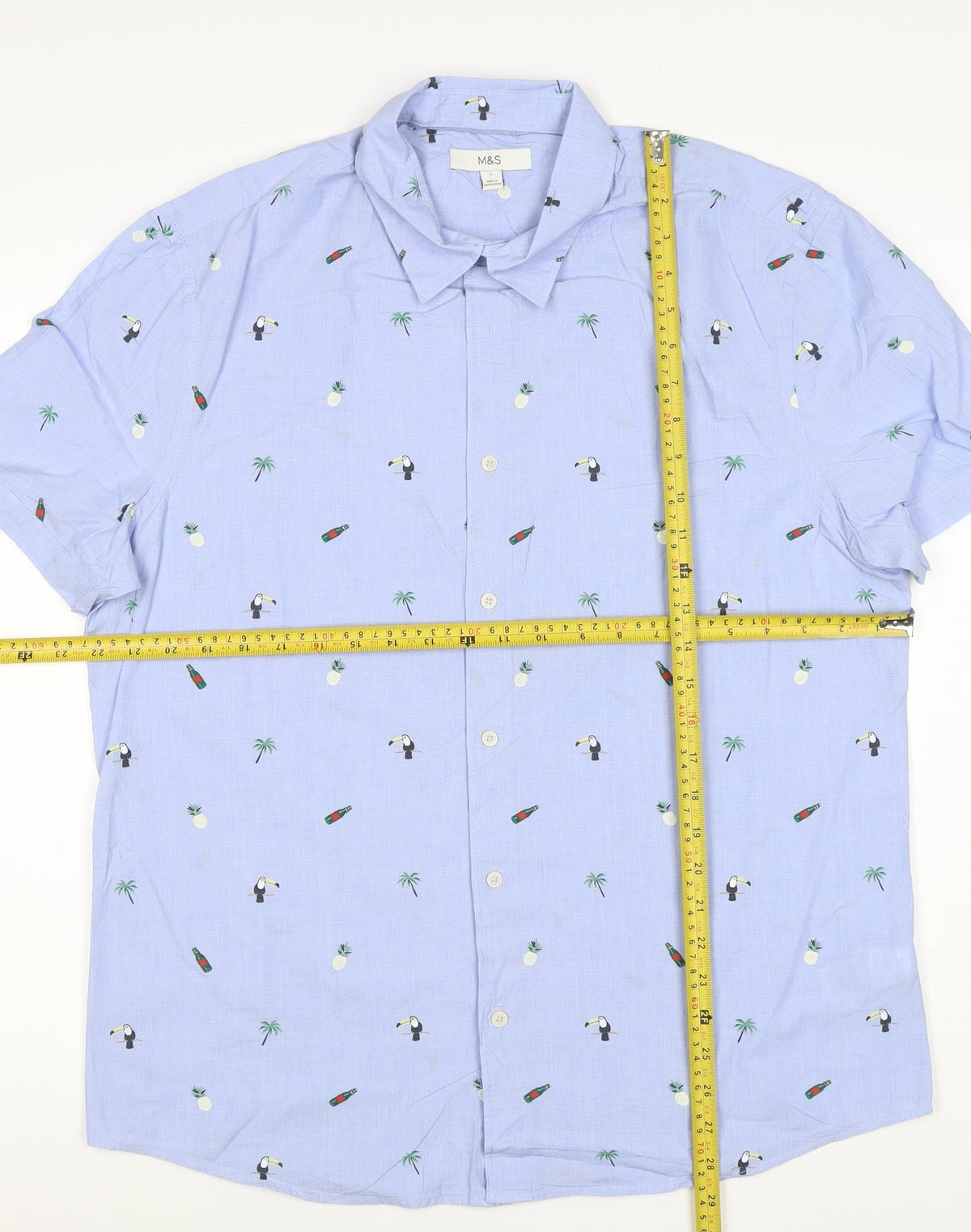 M&S Men’s Blue L Tropical Toucan Pineapple Short Sleeve Shirt