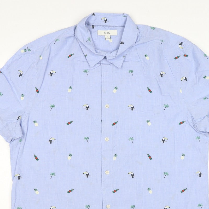 M&S Men’s Blue L Tropical Toucan Pineapple Short Sleeve Shirt