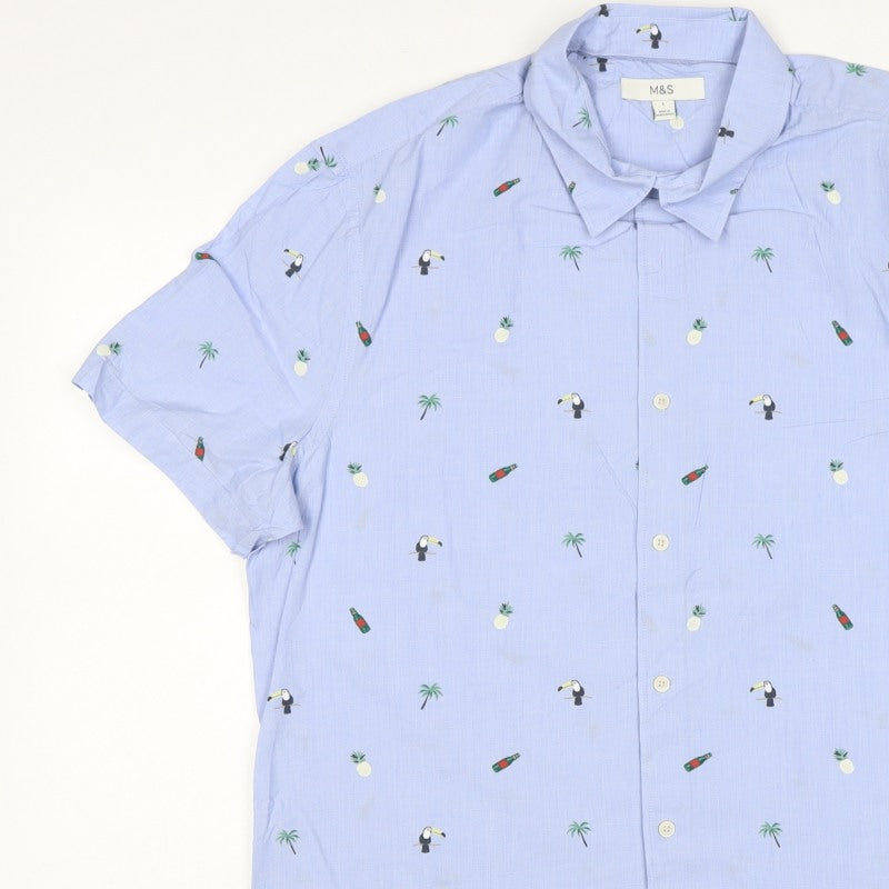 M&S Men’s Blue L Tropical Toucan Pineapple Short Sleeve Shirt