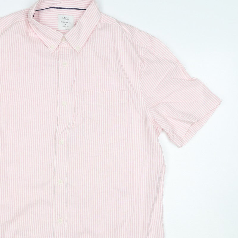 Marks and Spencer Men Pink Striped M Regular Fit Short Sleeve Shirt