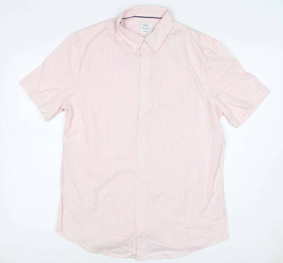 Marks and Spencer Men Pink Striped M Regular Fit Short Sleeve Shirt