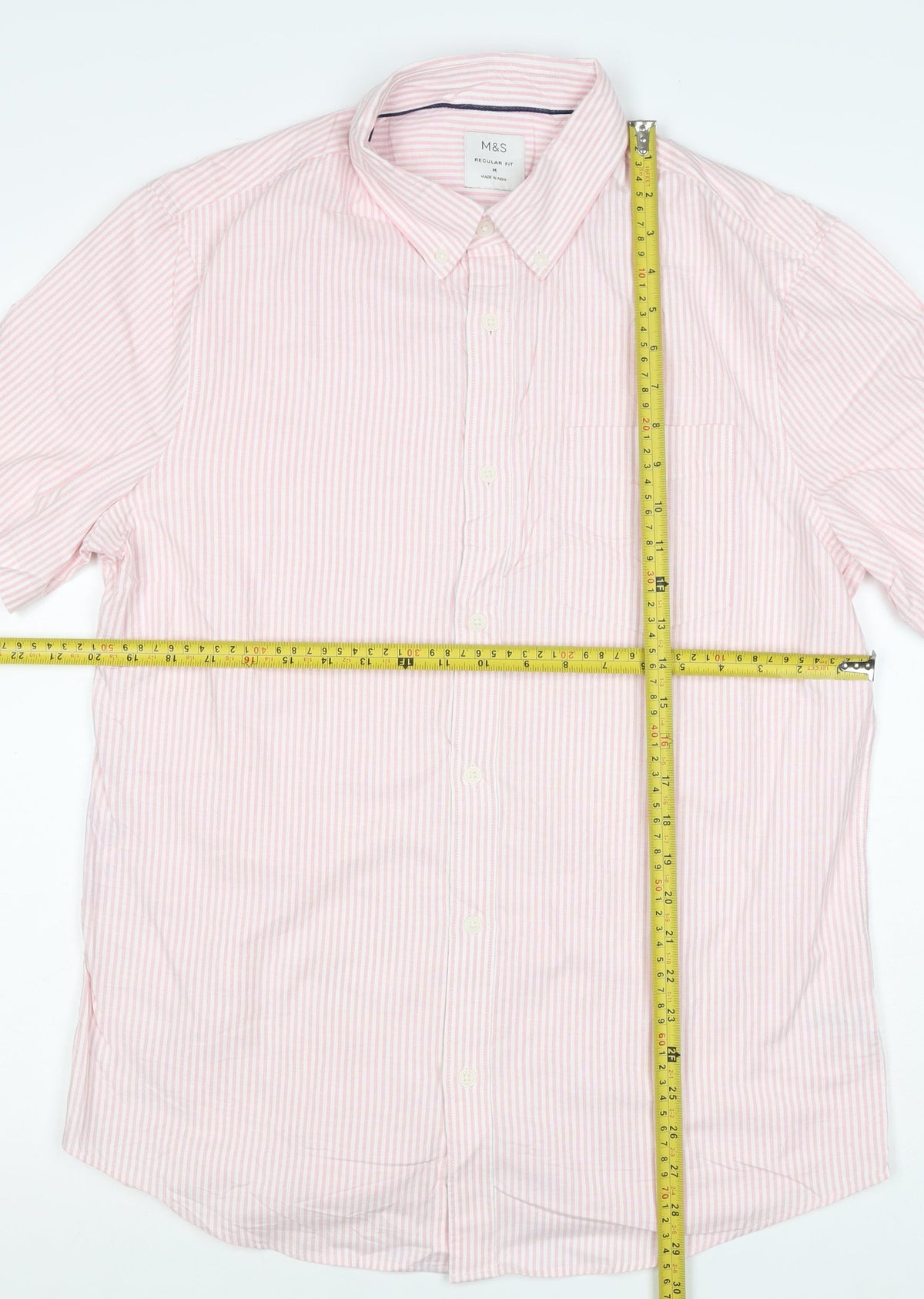 Marks and Spencer Men Pink Striped M Regular Fit Short Sleeve Shirt