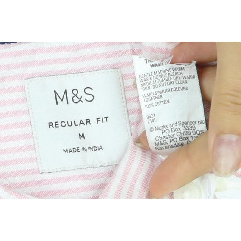 Marks and Spencer Men Pink Striped M Regular Fit Short Sleeve Shirt