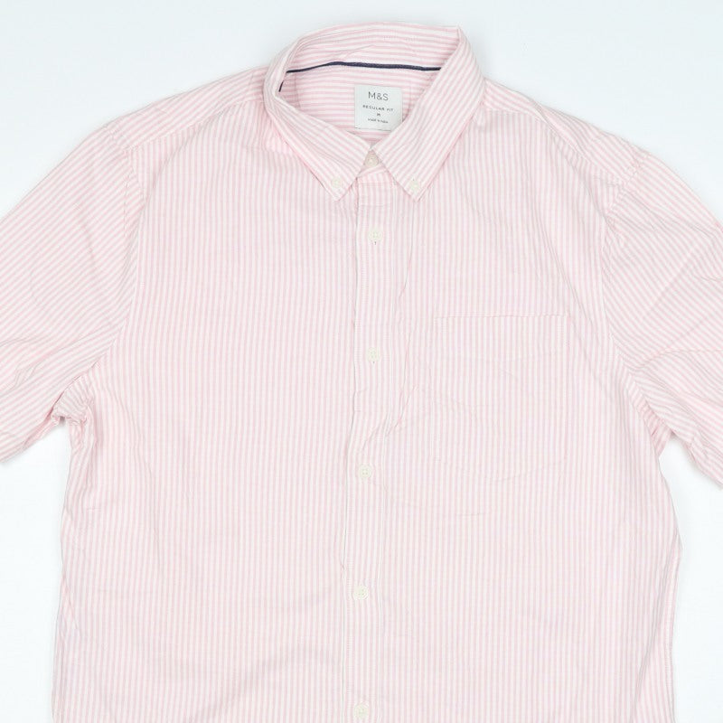 Marks and Spencer Men Pink Striped M Regular Fit Short Sleeve Shirt