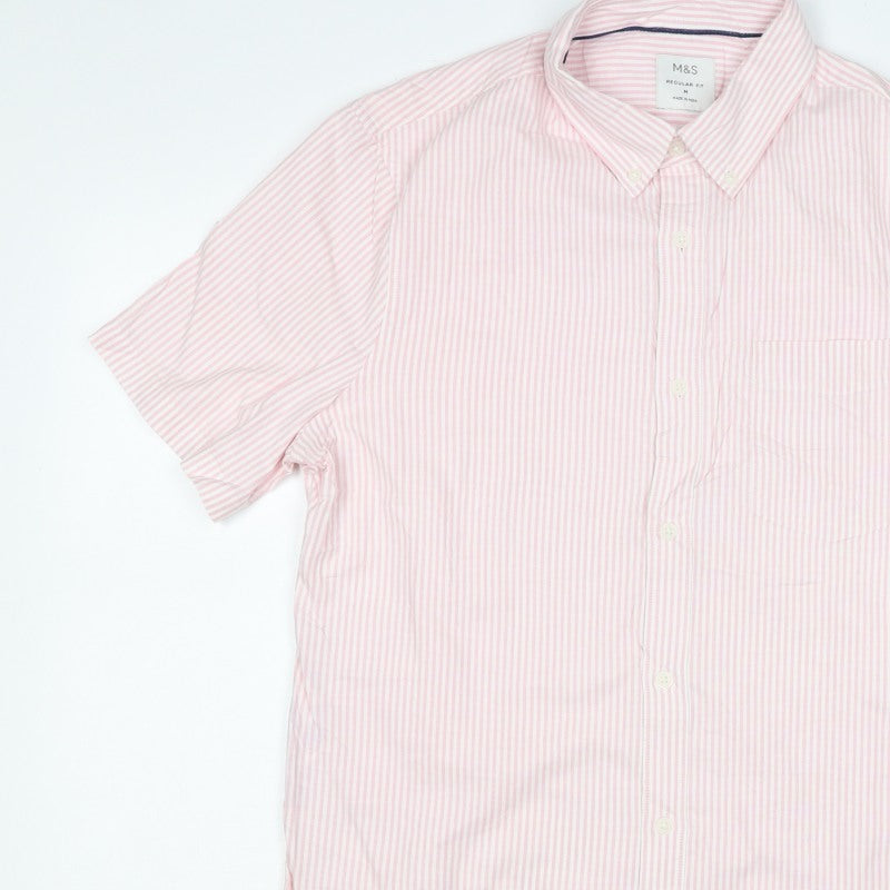 Marks and Spencer Men Pink Striped M Regular Fit Short Sleeve Shirt