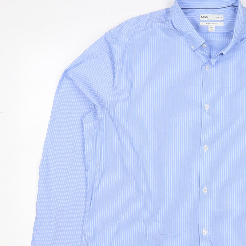 Marks & Spencer Men Blue Stripe 3XL Slim Fit Stretch Button-Down Shirt