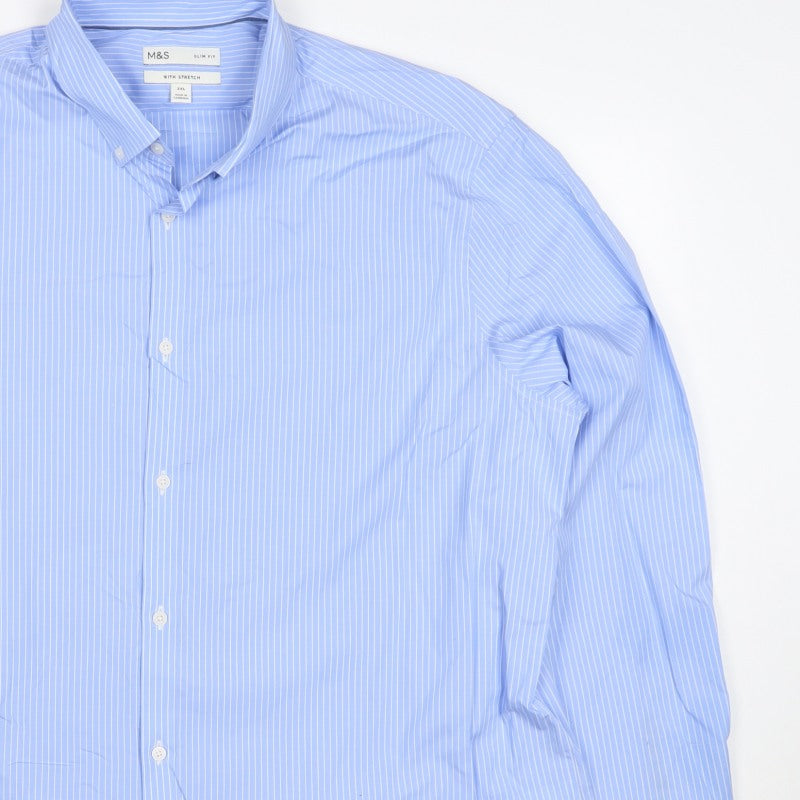 Marks & Spencer Men Blue Stripe 3XL Slim Fit Stretch Button-Down Shirt