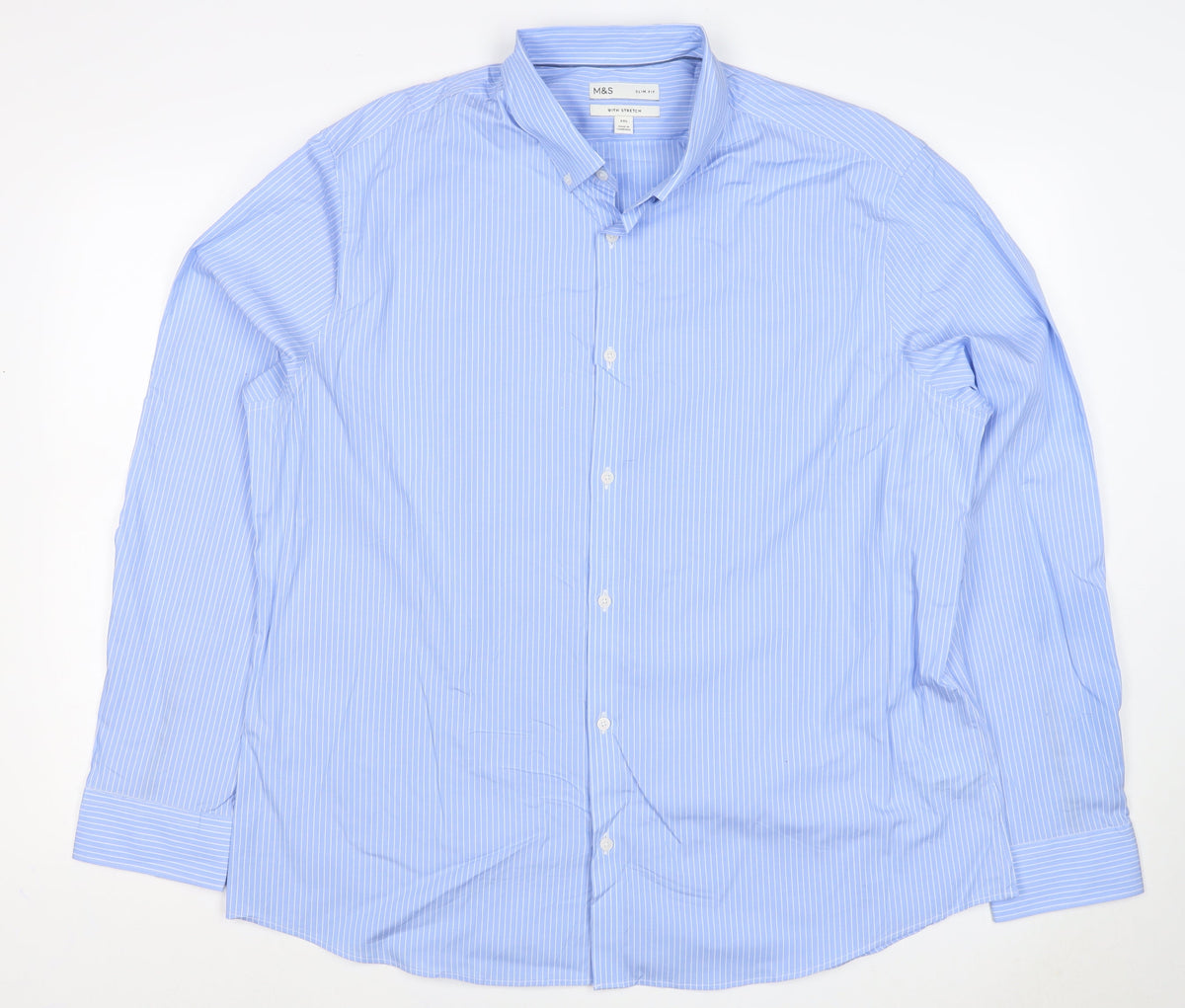 Marks & Spencer Men Blue Stripe 3XL Slim Fit Stretch Button-Down Shirt