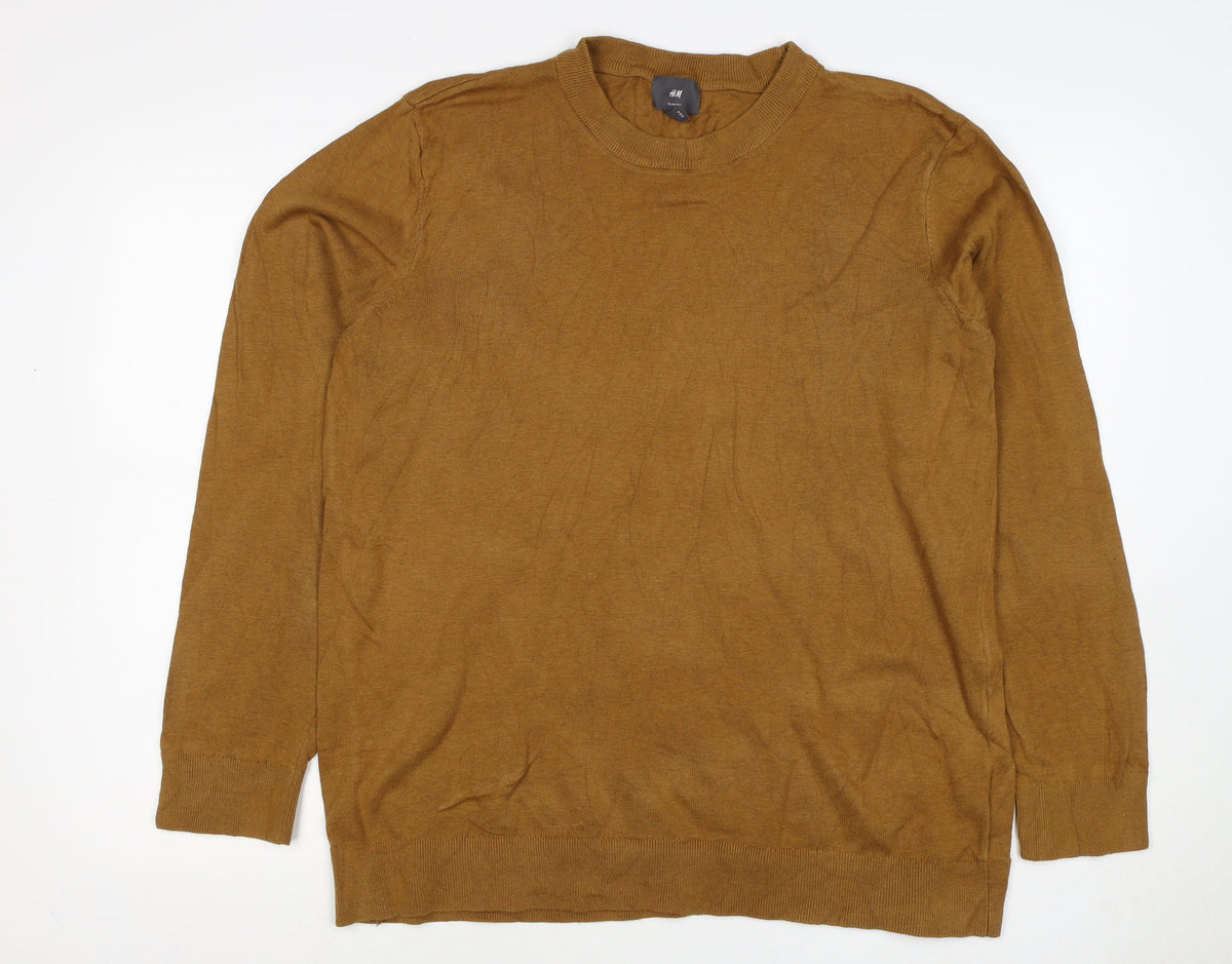 H&M Men’s Brown Cotton Slim Fit Crew Neck Pullover Jumper XL