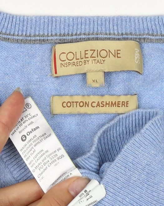 Marks and Spencer Men's Blue XL Cashmere Cotton V-Neck Pullover