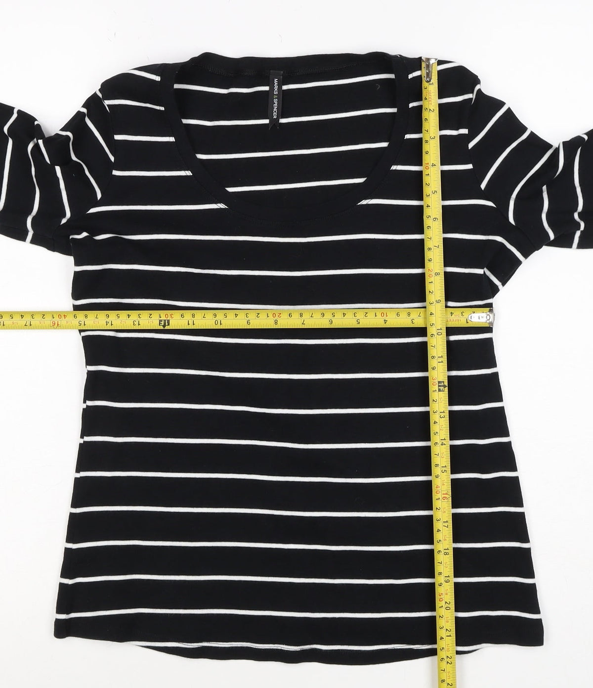 Marks and Spencer Women Black White Striped UK 16 3/4 Sleeve Jersey T-Shirt