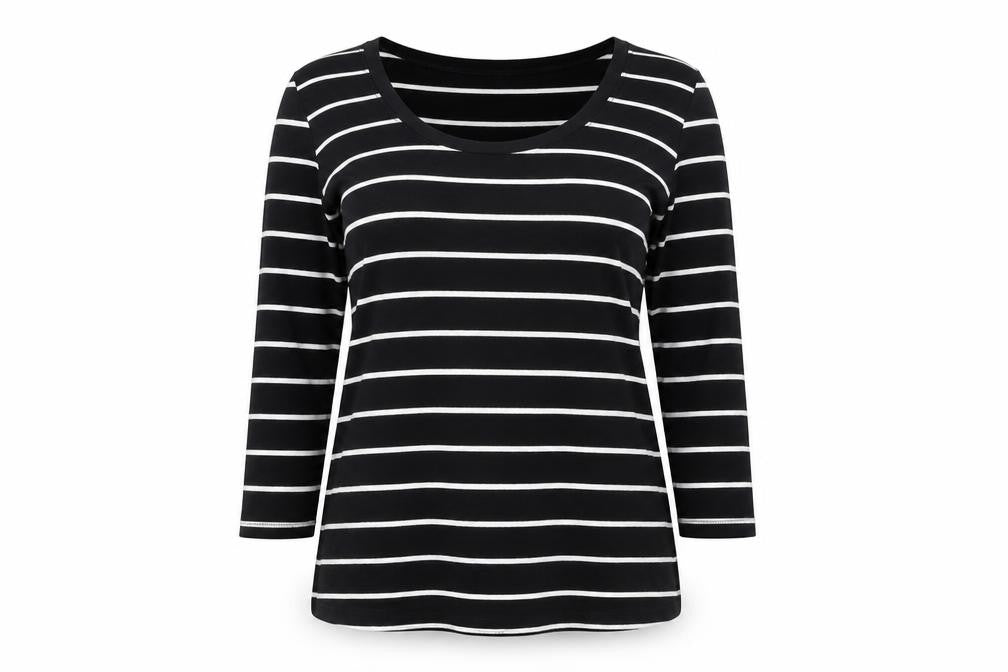 Marks and Spencer Women Black White Striped UK 16 3/4 Sleeve Jersey T-Shirt