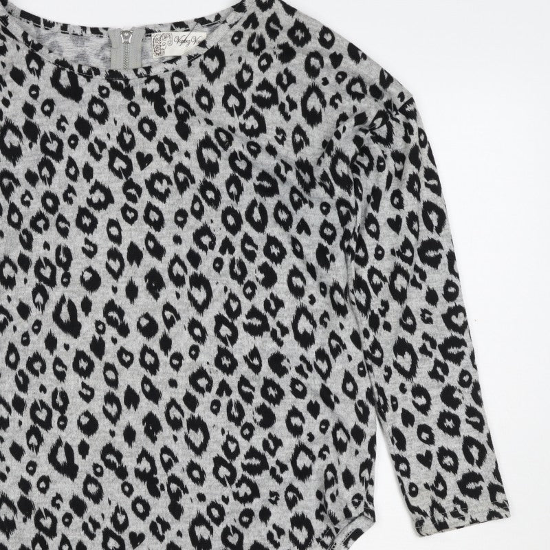 Voulez Vous Women Grey Leopard Print Zip Tunic Top Size S Long Sleeve