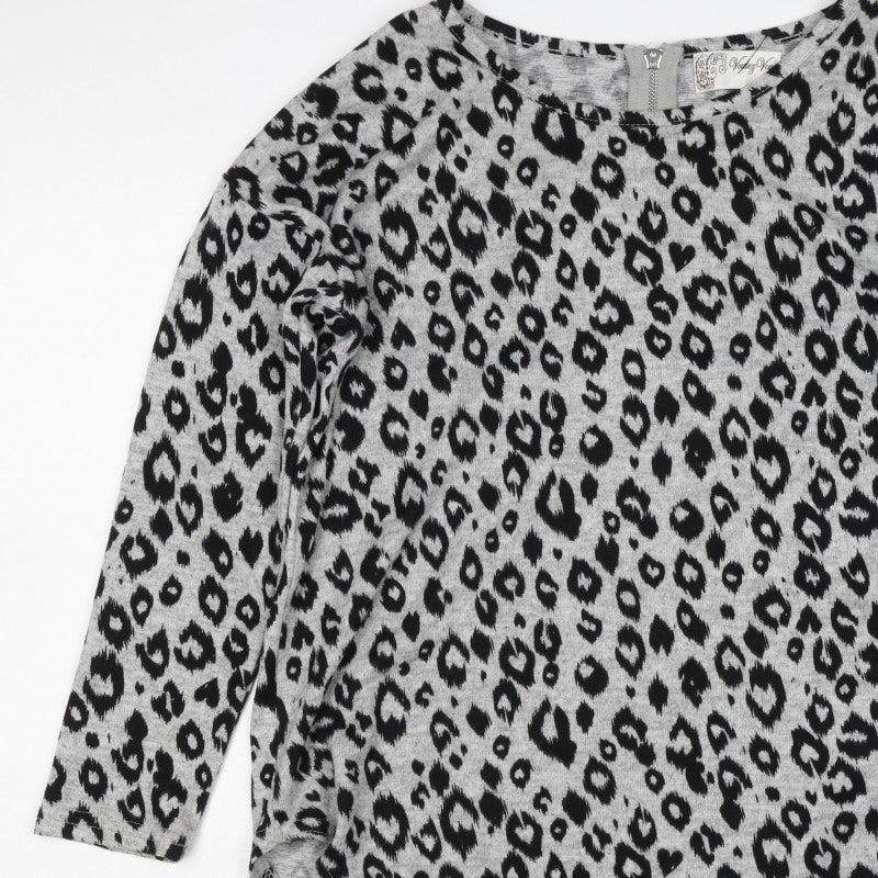 Voulez Vous Women Grey Leopard Print Zip Tunic Top Size S Long Sleeve