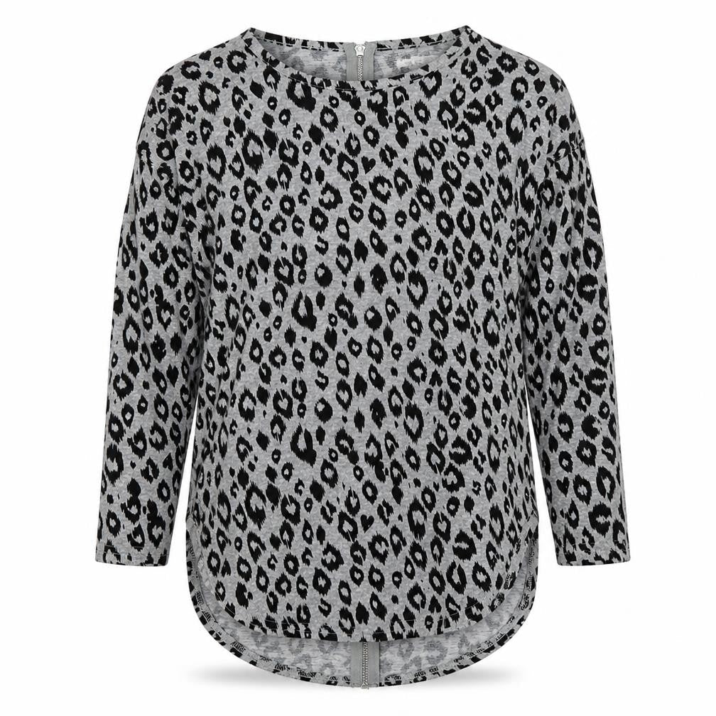 Voulez Vous Women Grey Leopard Print Zip Tunic Top Size S Long Sleeve