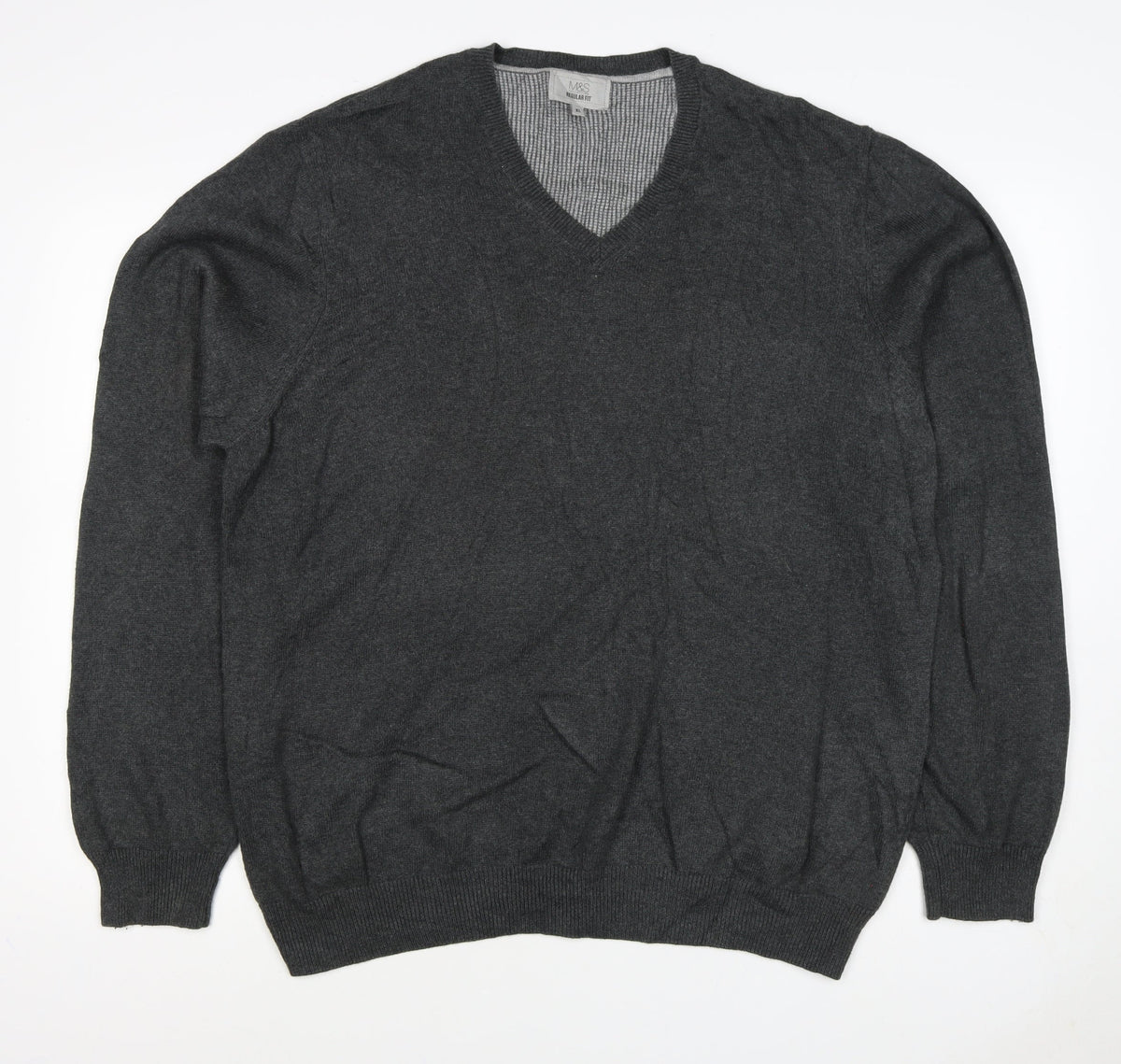 Marks and Spencer Men's Grey XL V-Neck Cotton Pullover Jumper Regular Fit