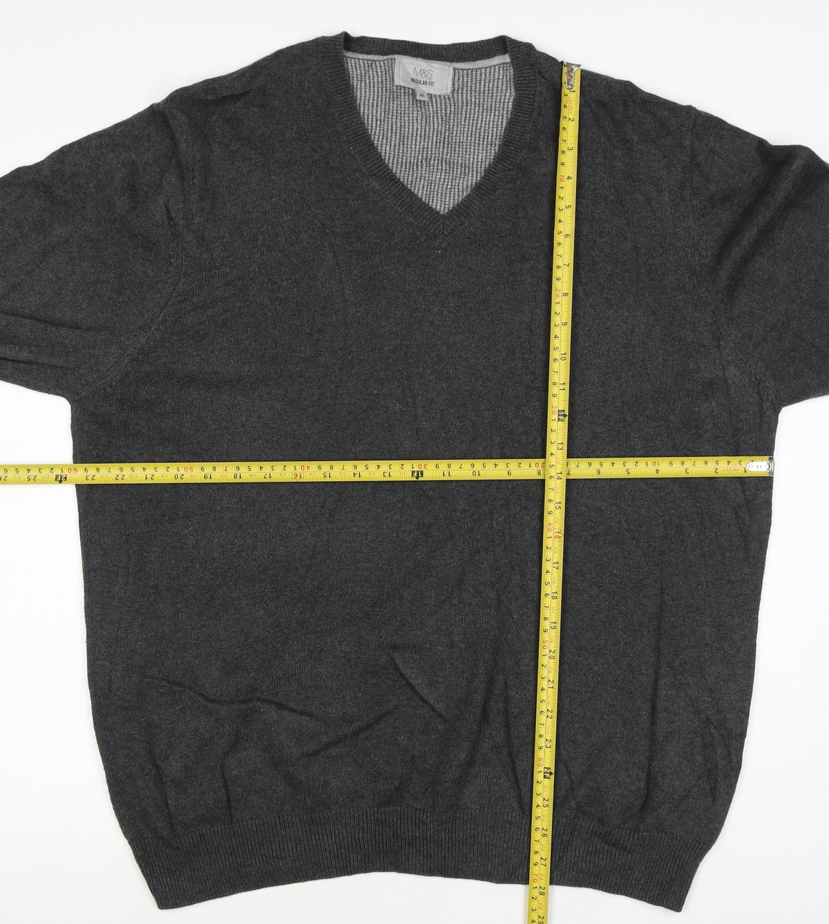 Marks and Spencer Men's Grey XL V-Neck Cotton Pullover Jumper Regular Fit