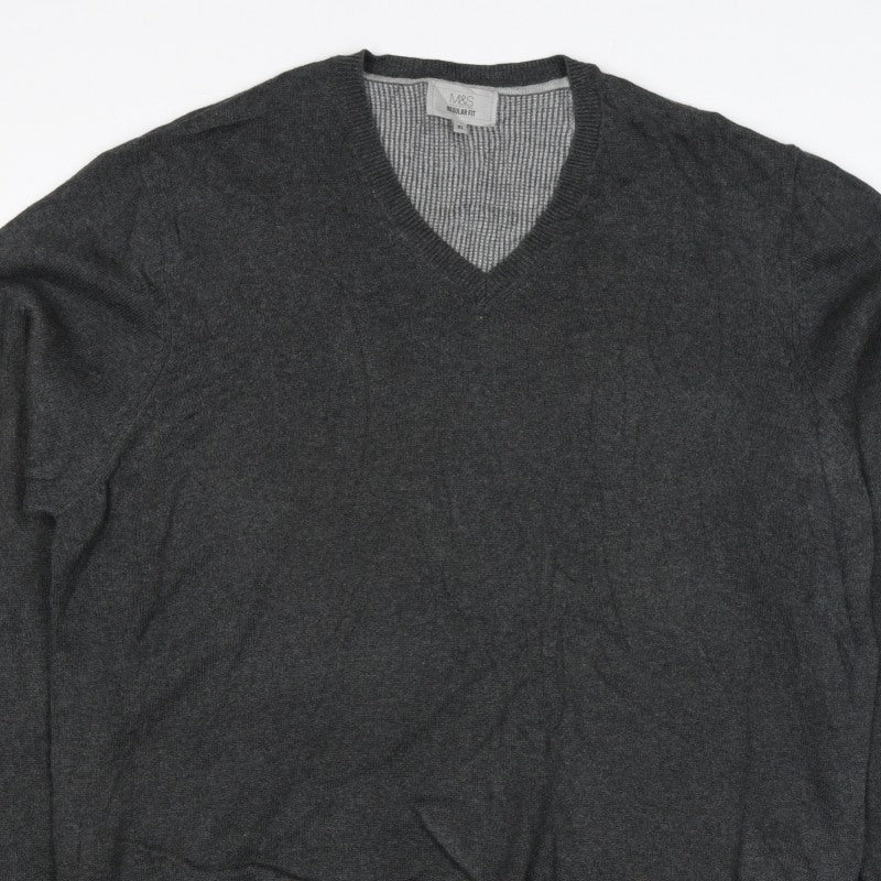 Marks and Spencer Men's Grey XL V-Neck Cotton Pullover Jumper Regular Fit