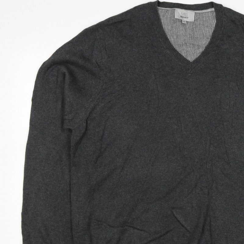 Marks and Spencer Men's Grey XL V-Neck Cotton Pullover Jumper Regular Fit