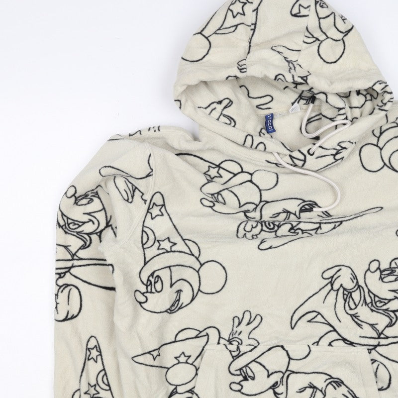 H&M Men’s Ivory Mickey Mouse Fleece Hoodie M Pullover Cartoon