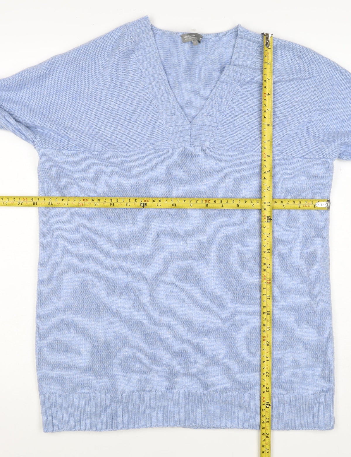 Jaeger Women Blue M Wool Cashmere V-Neck Fine Knit Pullover Jumper