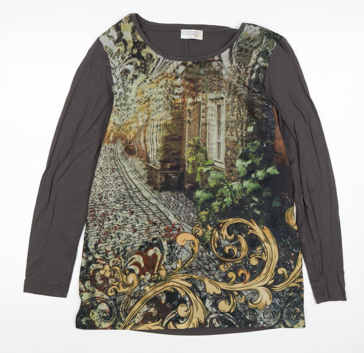 Création Women’s Grey City Print Jersey Long Sleeve Top UK 10