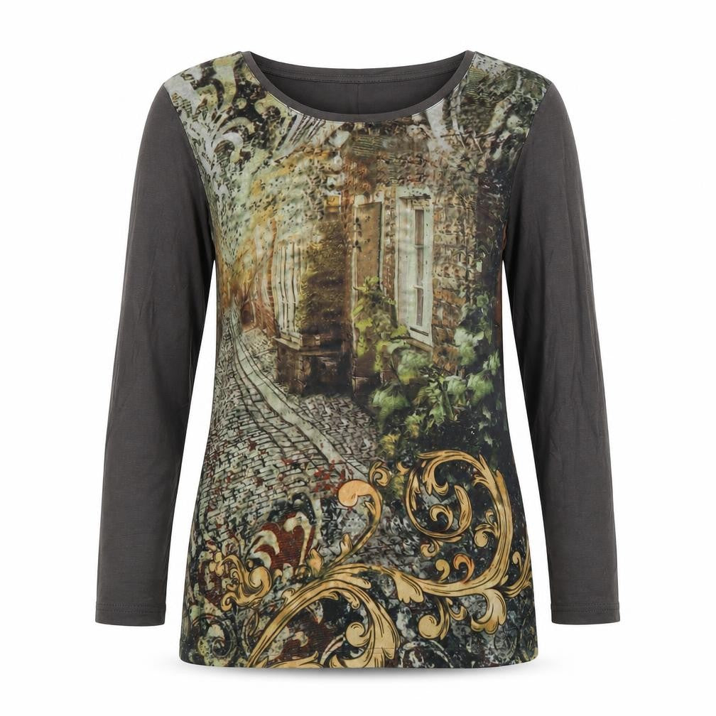 Création Women’s Grey City Print Jersey Long Sleeve Top UK 10