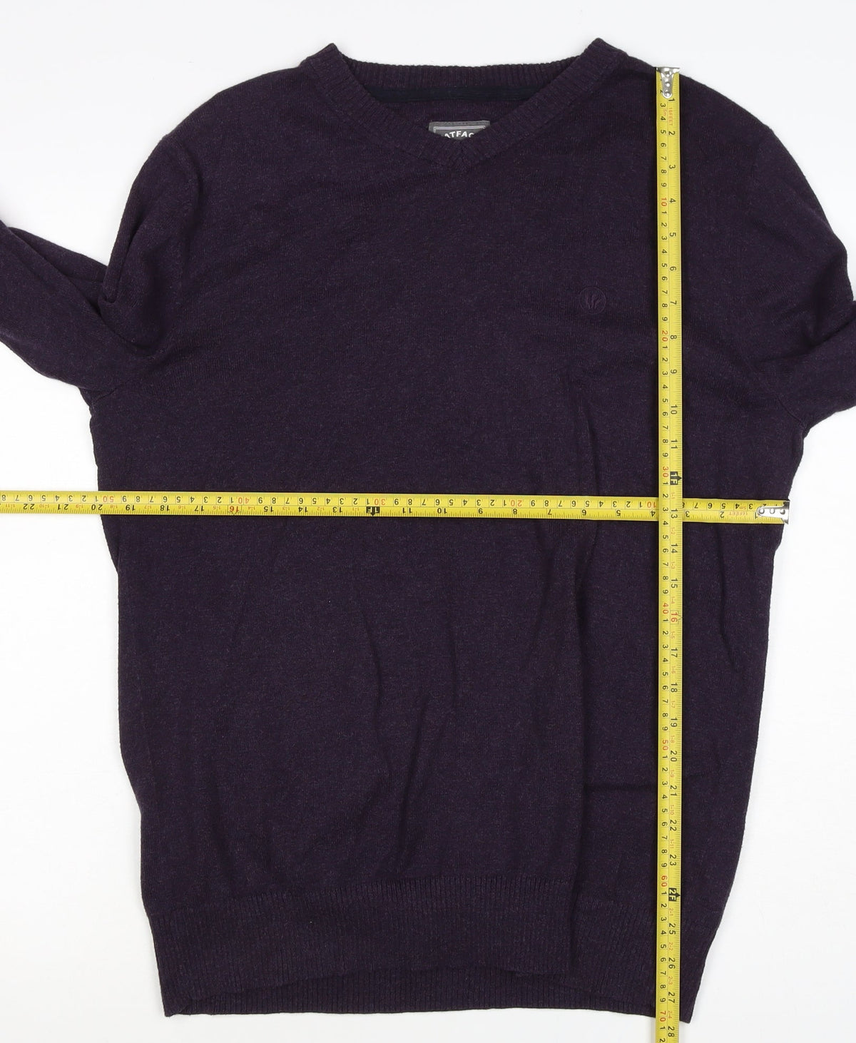 FatFace Men’s Purple Ramie Cotton V-Neck Pullover Jumper L Logo