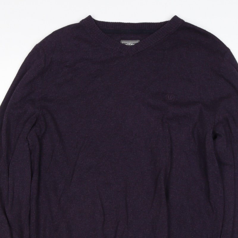 FatFace Men’s Purple Ramie Cotton V-Neck Pullover Jumper L Logo