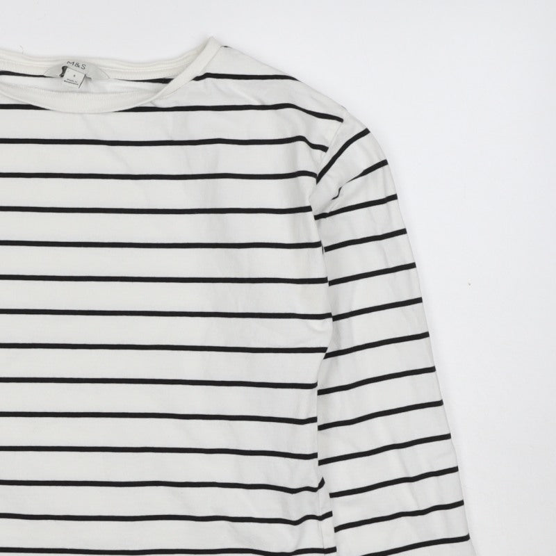 Marks & Spencer Women White Black Stripe Long Sleeve Basic T-Shirt UK 8