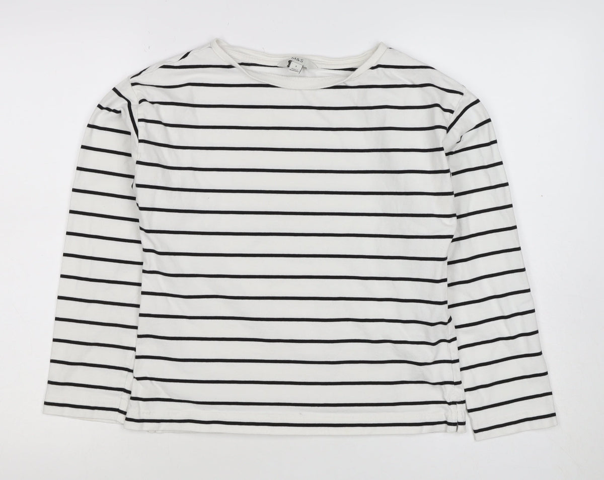Marks & Spencer Women White Black Stripe Long Sleeve Basic T-Shirt UK 8