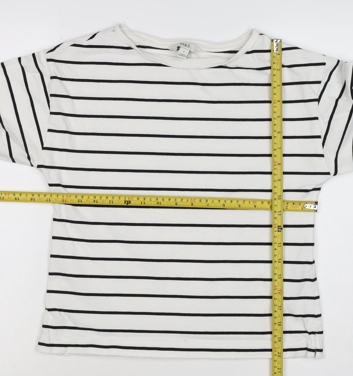 Marks & Spencer Women White Black Stripe Long Sleeve Basic T-Shirt UK 8