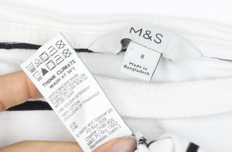 Marks & Spencer Women White Black Stripe Long Sleeve Basic T-Shirt UK 8